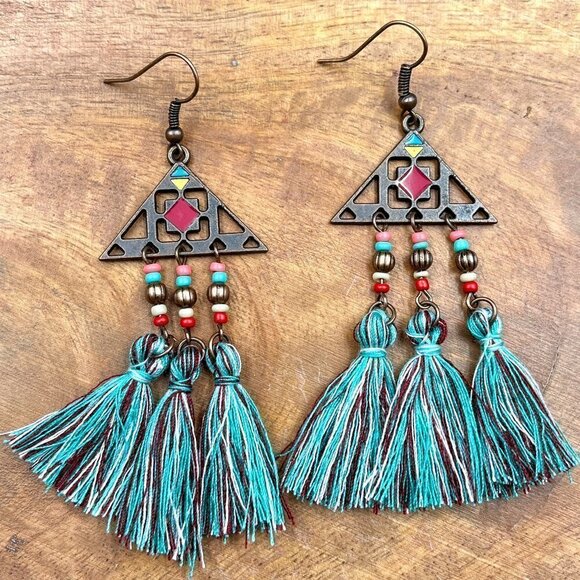 Bohemian Tassel Statement Drop Earrings - Picture 3 of 5